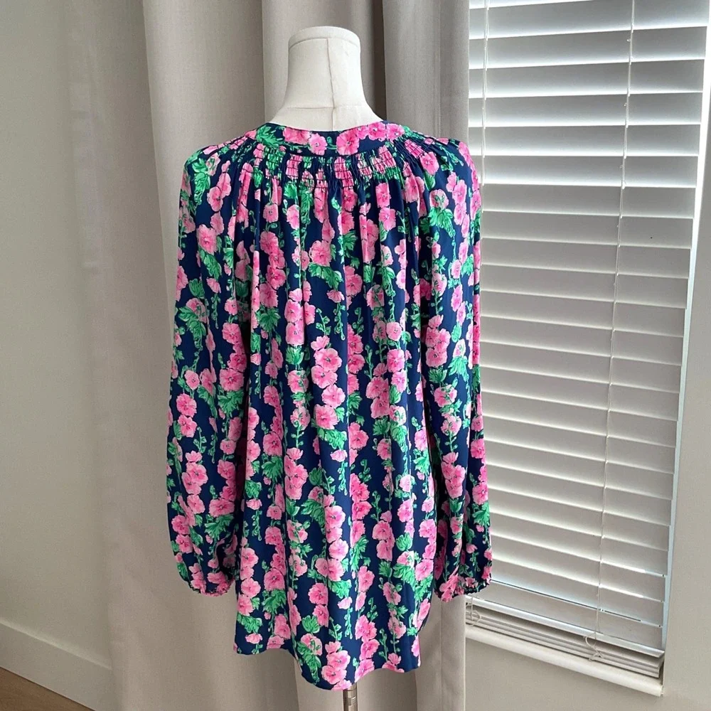 Lilly Pulitzer Women's Elsa Top 100% Silk Blouse Oyster Bay Navy Devine XL